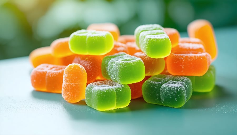 Colorful THC gummy candies spilling from prescription bottle on clinical surface