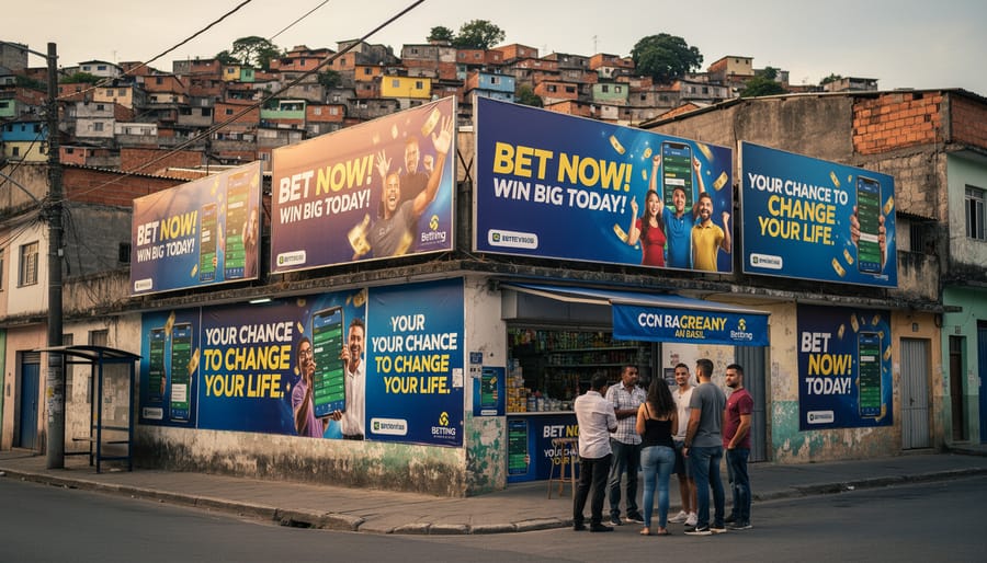 Brazilian favela street with betting company advertisements visible on buildings