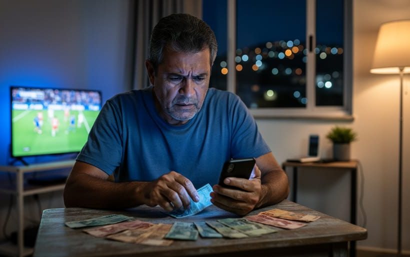 Adult in a modest Brazilian apartment at night holding a smartphone and counting Brazilian real banknotes, with a blurred soccer game on the TV and city lights outside the window, lit by cool TV glow and a warm lamp.