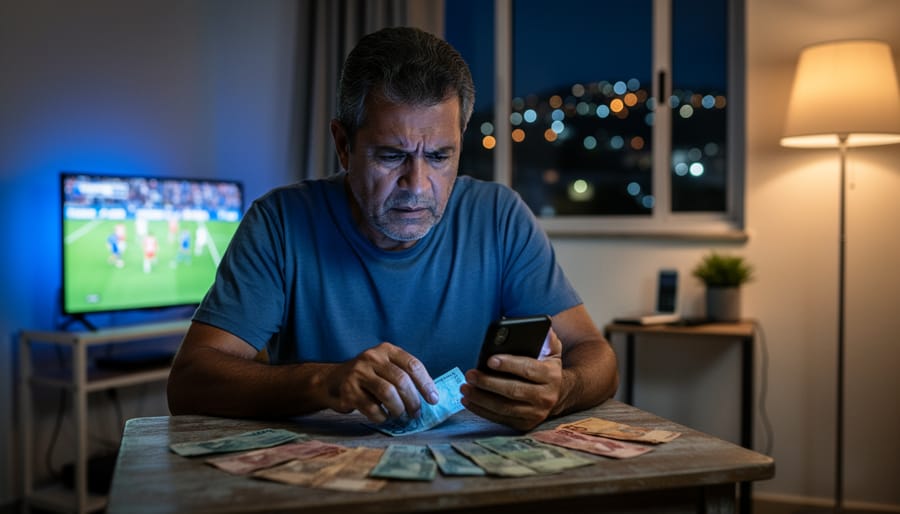 Adult in a modest Brazilian apartment at night holding a smartphone and counting Brazilian real banknotes, with a blurred soccer game on the TV and city lights outside the window, lit by cool TV glow and a warm lamp.