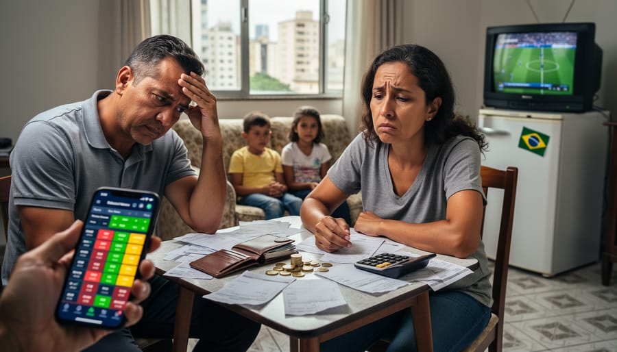Brazilian family at kitchen table with smartphone showing betting app surrounded by bills