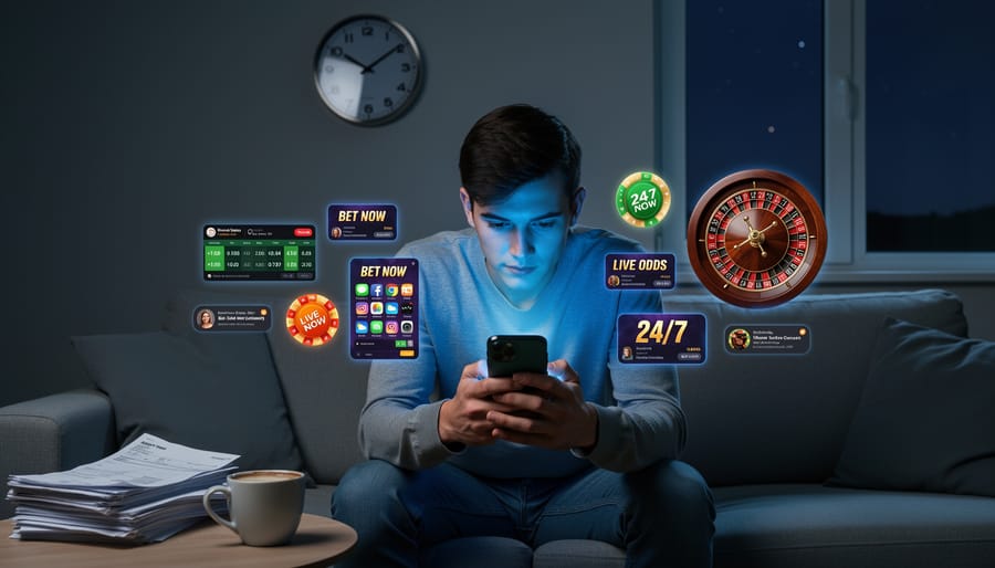 Hands holding smartphone showing multiple betting app notifications