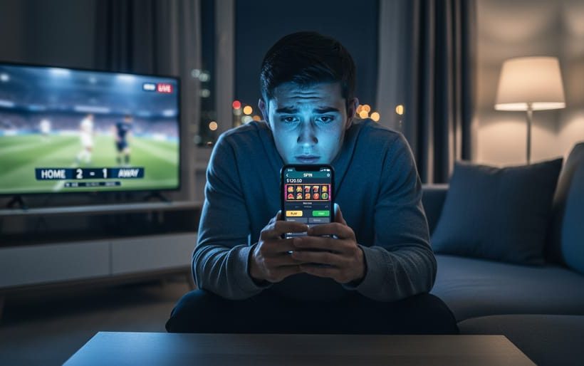 Young adult sitting alone on a couch at night, face illuminated by a smartphone, with an open near-empty wallet and credit card on the coffee table and a blurred sports broadcast on the TV in the background.