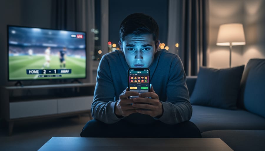 Young adult sitting alone on a couch at night, face illuminated by a smartphone, with an open near-empty wallet and credit card on the coffee table and a blurred sports broadcast on the TV in the background.