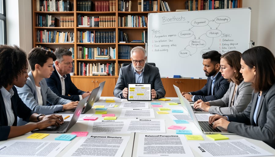 Hands reviewing manuscript with editorial marks next to laptop showing medical journal