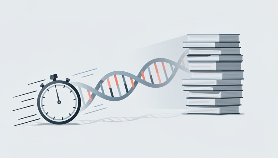 Laboratory setting with DNA model and clock symbolizing urgency in bioethics communication