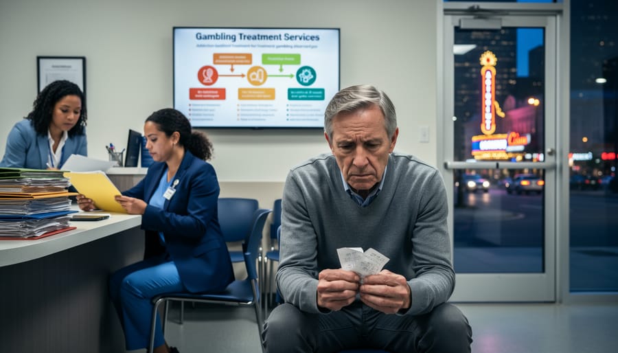 Counseling session between therapist and client in professional office setting