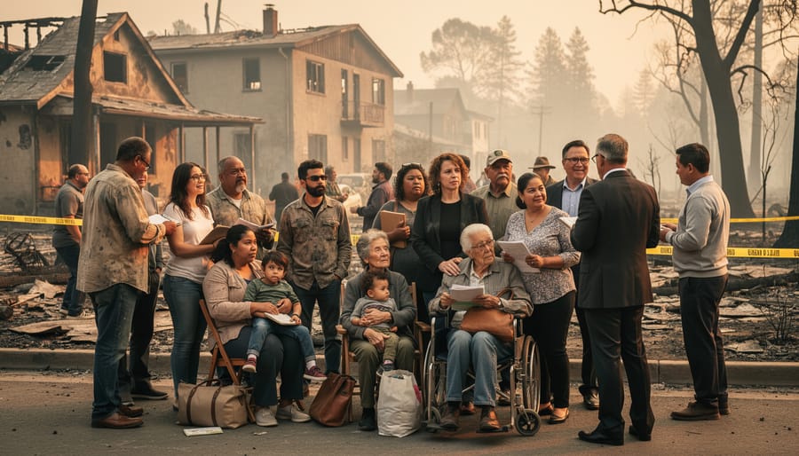 Community members of different ages and abilities standing outside near a fire-damaged building at dusk.