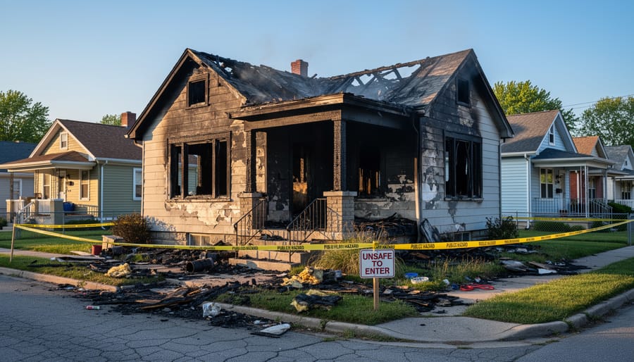 Wide view of a fire-damaged house with charred exterior and broken windows in a quiet neighborhood.