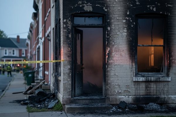 Smoke-stained, charred residential building in a neighborhood street with softly visible emergency tape in the background, suggesting post-fire displacement and safety concerns.