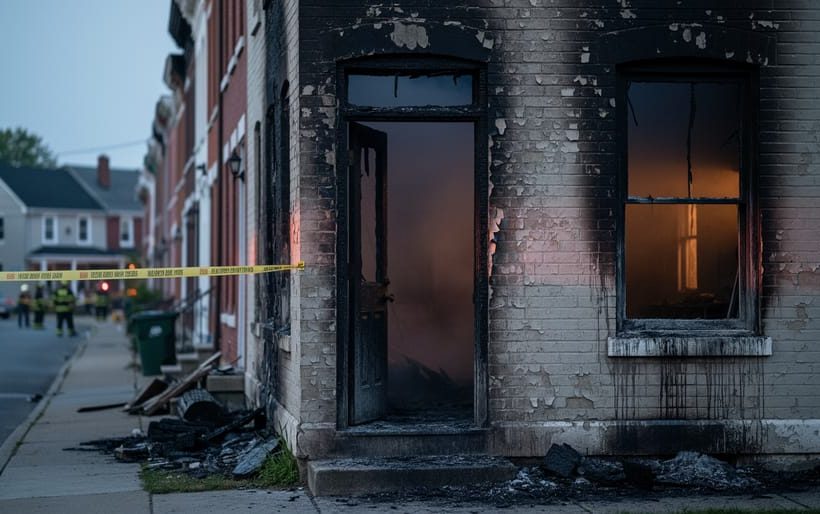 Smoke-stained, charred residential building in a neighborhood street with softly visible emergency tape in the background, suggesting post-fire displacement and safety concerns.