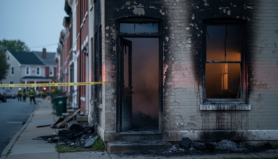 Smoke-stained, charred residential building in a neighborhood street with softly visible emergency tape in the background, suggesting post-fire displacement and safety concerns.