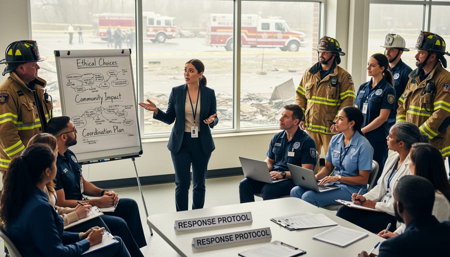 Wide view of firefighters and public health staff standing near a fire-damaged area under an overcast sky.