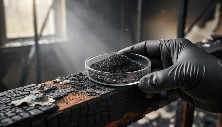 Close-up of a gloved hand holding a vial containing dark soot residue from a fire-damaged surface.
