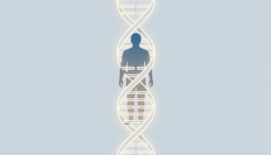 Abstract human silhouette formed of translucent light emerging from softly glowing DNA-like strands