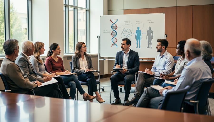 Diverse community members in a meeting discussing ethical concerns at a table
