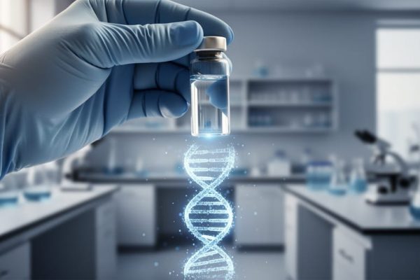 Gloved laboratory hand holding a vial with a faint glowing DNA double-helix light pattern above it in a modern research setting