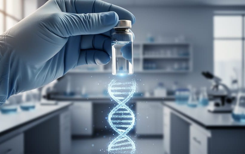 Gloved laboratory hand holding a vial with a faint glowing DNA double-helix light pattern above it in a modern research setting