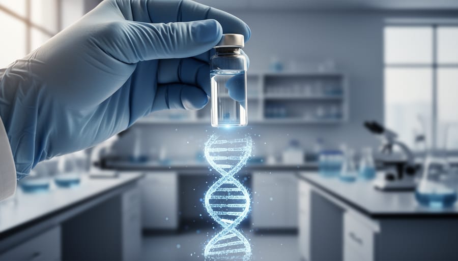 Gloved laboratory hand holding a vial with a faint glowing DNA double-helix light pattern above it in a modern research setting