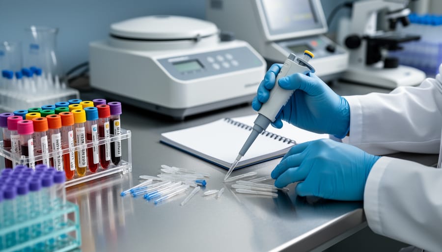 Gloved researcher hands holding a sealed vial in a laboratory near a microscope