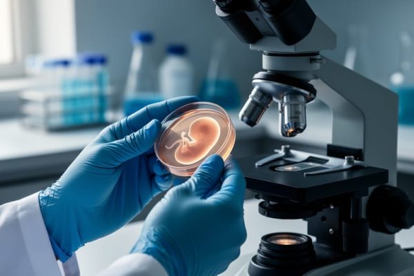 Gloved hands holding a glowing culture dish next to a microscope in a sterile laboratory, with a subtle implied early-embryo form reflected in the glass.