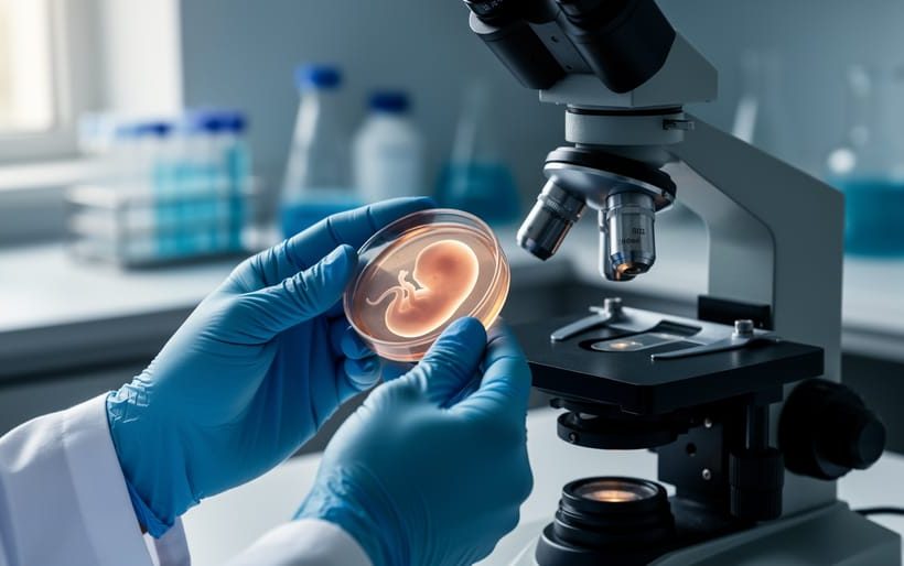 Gloved hands holding a glowing culture dish next to a microscope in a sterile laboratory, with a subtle implied early-embryo form reflected in the glass.