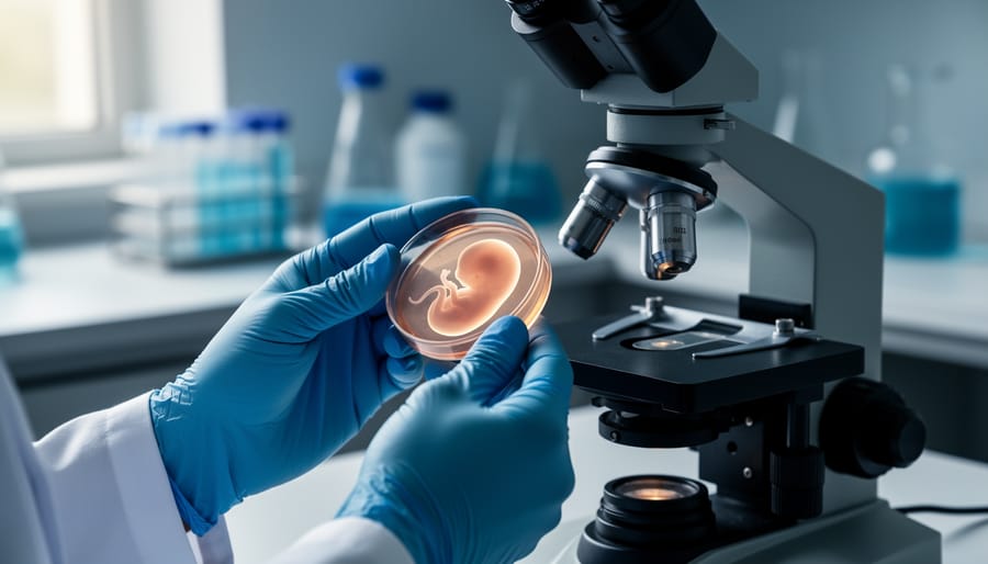 Gloved hands holding a glowing culture dish next to a microscope in a sterile laboratory, with a subtle implied early-embryo form reflected in the glass.