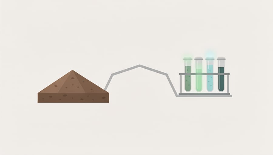 Top-down view of soil and transparent laboratory vials with clear fluid on a bench