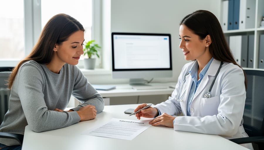 Two people in office attire holding a consent form folder during a careful conversation