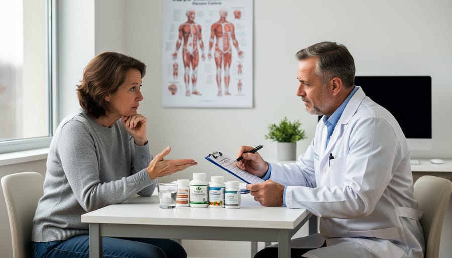 Patient holding a supplement package in a clinic waiting area beside a clinician