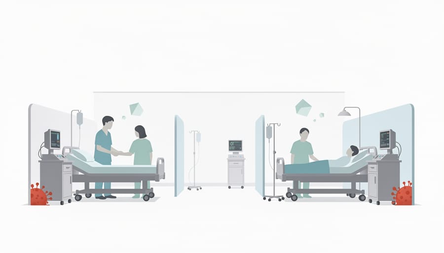 Quiet complex care hospital room with medical equipment and a stethoscope under bedside lighting.