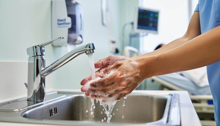Close-up of a hand receiving alcohol hand sanitizer in a hospital setting.