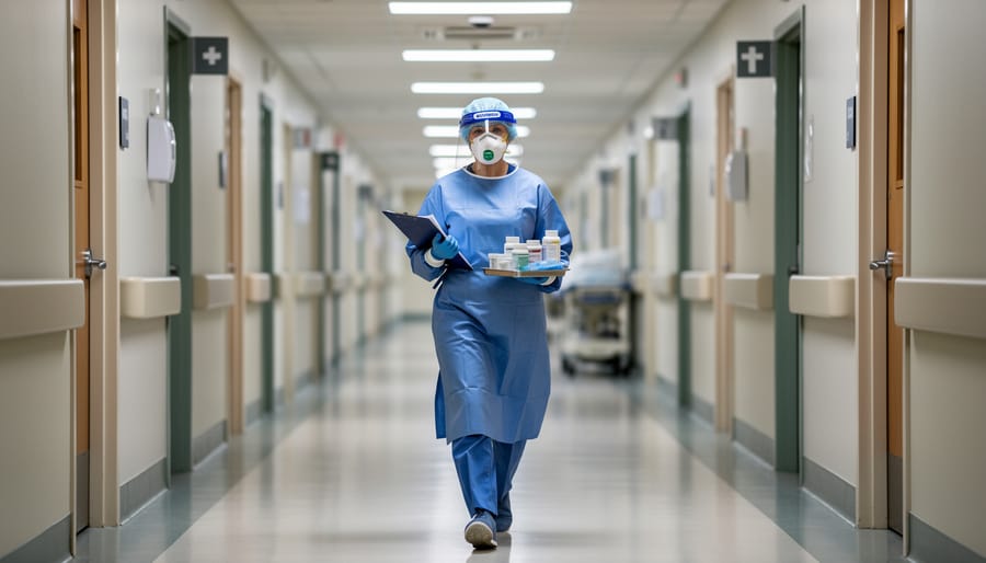 Healthcare worker wearing contact precautions gown and gloves walking down a hospital corridor.