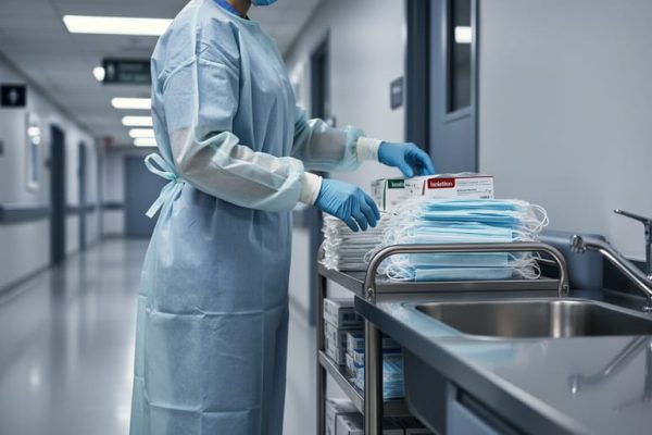 Healthcare worker’s gloved hand adjusting isolation PPE in a hospital hallway near a sink and supply cart.