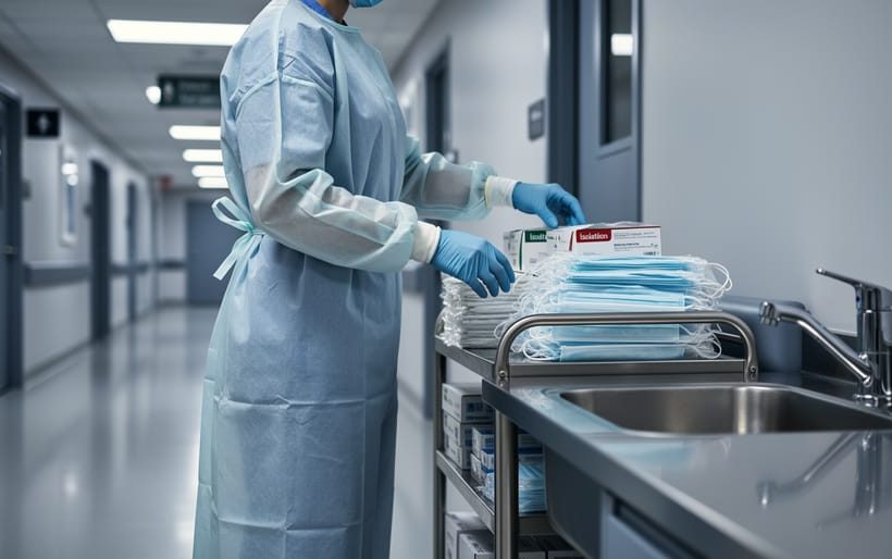 Healthcare worker’s gloved hand adjusting isolation PPE in a hospital hallway near a sink and supply cart.