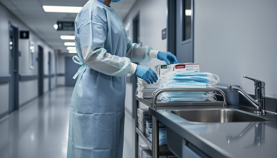 Healthcare worker’s gloved hand adjusting isolation PPE in a hospital hallway near a sink and supply cart.