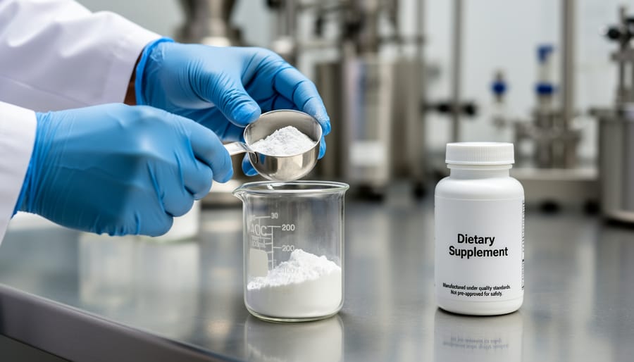 Gloved hands holding a vial of powder on a laboratory bench