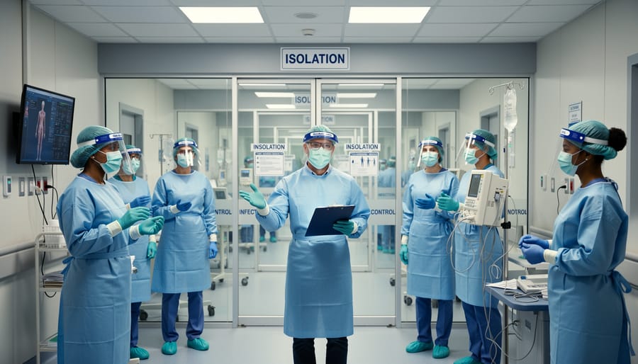 Infection control team members in protective gear standing near an isolation room doorway.