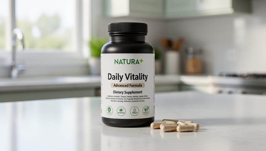 Close view of supplement bottle and capsules on a countertop in soft daylight