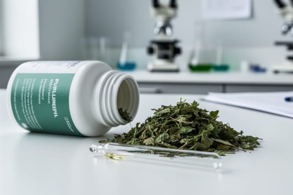 Supplement bottle on a clinic-style desk with dried botanical leaves and a glass dropper, photographed with shallow depth of field and blurred lab background.