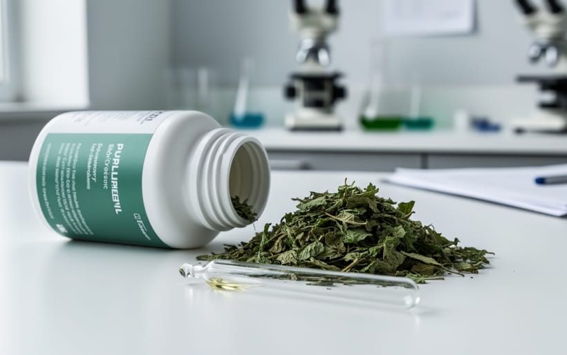 Supplement bottle on a clinic-style desk with dried botanical leaves and a glass dropper, photographed with shallow depth of field and blurred lab background.