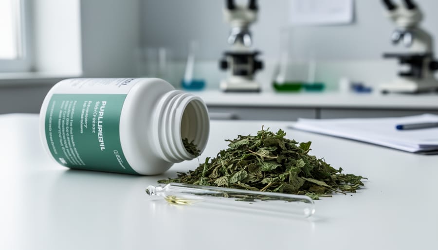 Supplement bottle on a clinic-style desk with dried botanical leaves and a glass dropper, photographed with shallow depth of field and blurred lab background.