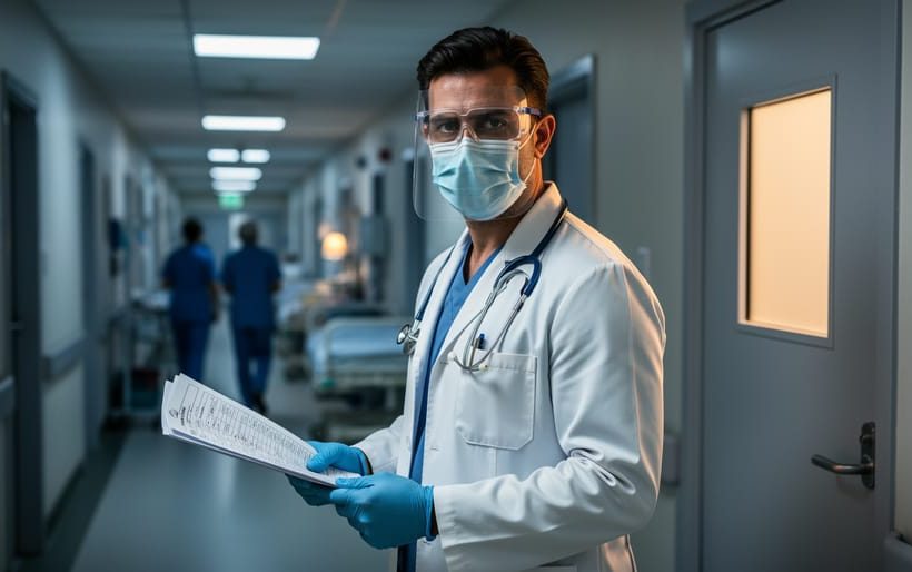Physician in a white coat and PPE in a hospital corridor with blurred medical ward lights behind, symbolizing crisis ethics and caring under uncertainty.