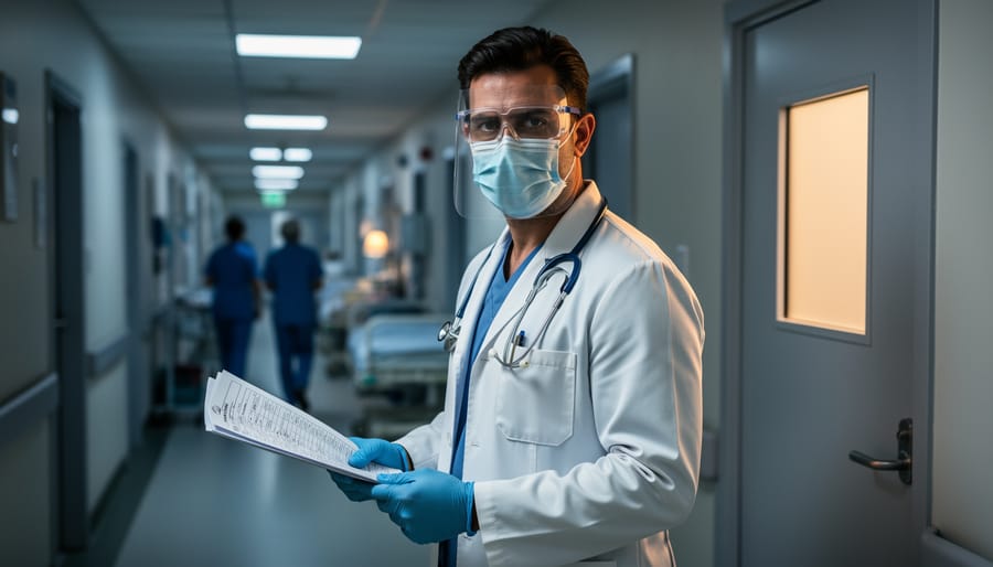 Physician in a white coat and PPE in a hospital corridor with blurred medical ward lights behind, symbolizing crisis ethics and caring under uncertainty.