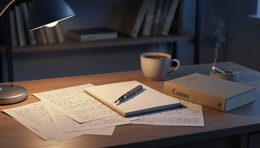 Close view of an old typewriter and handwritten manuscript pages on a wooden desk