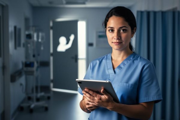 A thoughtful healthcare professional in a quiet clinic hallway, with subtle light-based symbolism suggesting personal responsibility and choice in medical ethics.