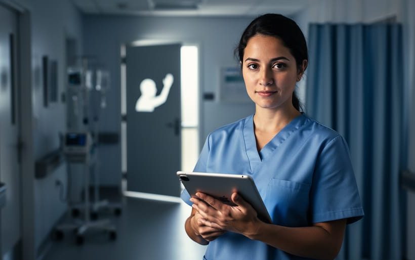 A thoughtful healthcare professional in a quiet clinic hallway, with subtle light-based symbolism suggesting personal responsibility and choice in medical ethics.