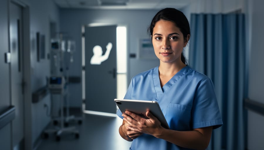 A thoughtful healthcare professional in a quiet clinic hallway, with subtle light-based symbolism suggesting personal responsibility and choice in medical ethics.