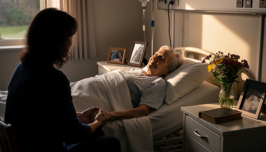 An elderly person in hospice care with warm golden light across a blanket and quiet surroundings.