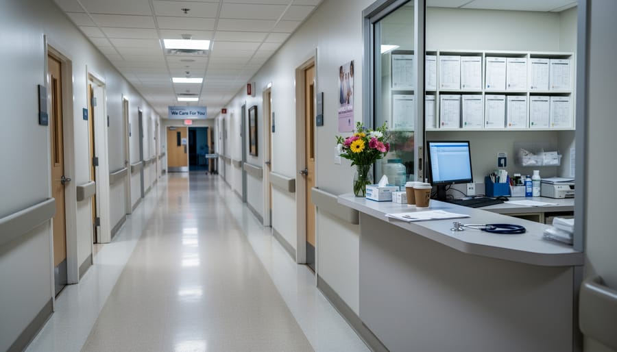 Wide view down an empty hospital corridor with a healthcare worker walking in the distance
